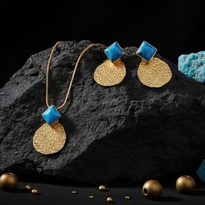 Boho Chic Turquoise Gold Textured Disc 316L Stainless Steel Necklace Earrings